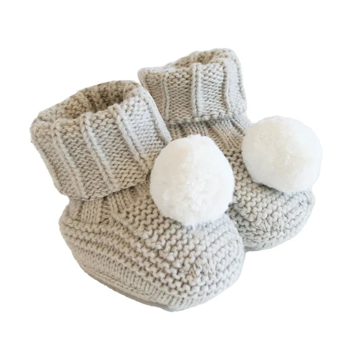 Alimrose Cotton Pom Pom Baby Booties - Latte