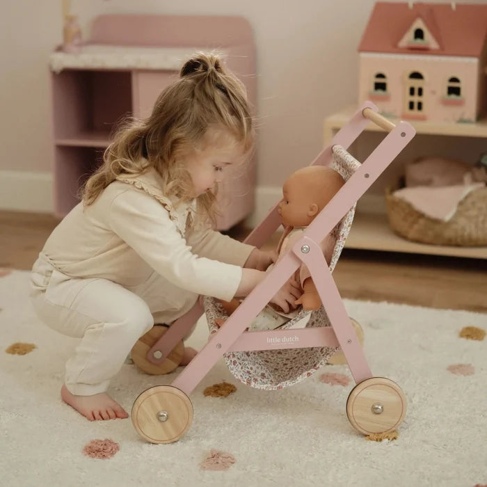 Little Dutch Wooden Pink Doll Stroller