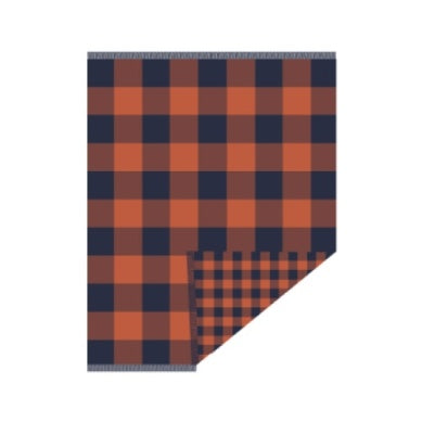 PENDLETON Fringed Organic Cotton Throw Block Plaid Copper/Indigo