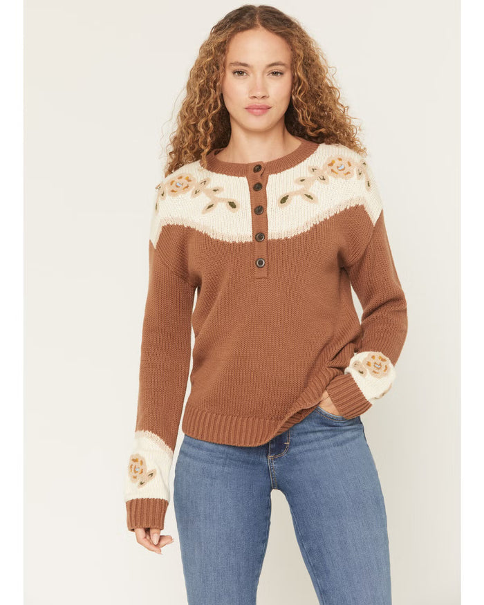Pendleton Women's Western Floral Henley Sweater in Spice Brown