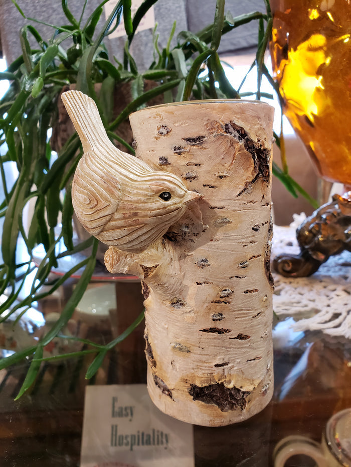 Bird on birch tree resin candleholder