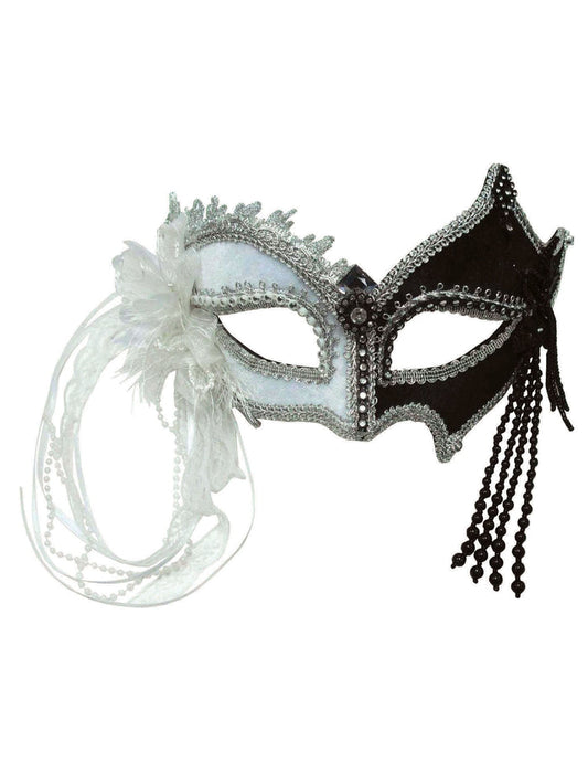 Black and White Masquerade Mask with Tassels