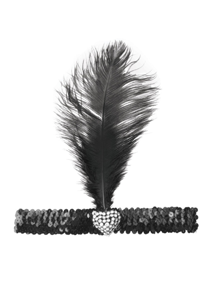 Black Flapper Headband With Crystal Heart Costume Accessory
