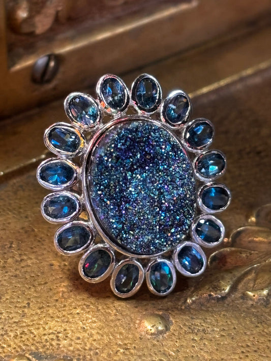 Blue Topaz & Druzy Stone Ring Size 7.5