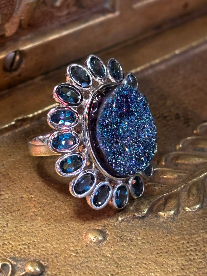 Blue Topaz & Druzy Stone Ring Size 7.5