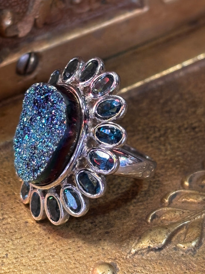 Blue Topaz & Druzy Stone Ring Size 7.5