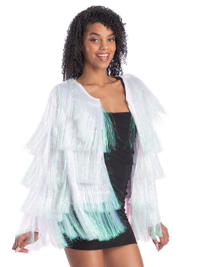 Fever Tinsel Festival Jacket, Iridescent White
