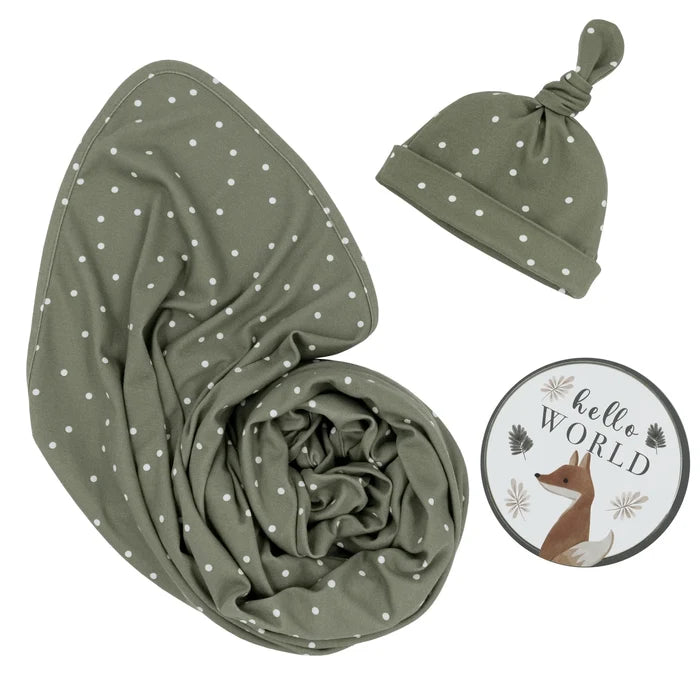 Hello World Baby Jersey Wrap Gift Set - Olive Spots