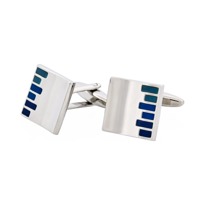 Polished Rhodium Plated Square Cufflinks with Pale & Dark Blue Bars Enamel Inlay