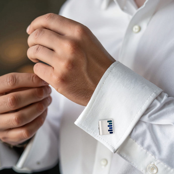 Polished Rhodium Plated Square Cufflinks with Pale & Dark Blue Bars Enamel Inlay