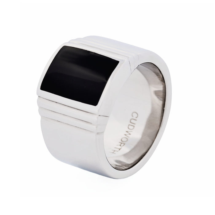 Polished Stainless Steel and Black Lacquer Signet Ring