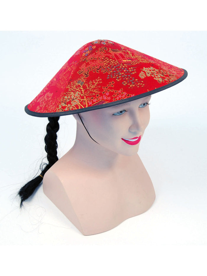 Red Chinese Coolie Hat & Plait