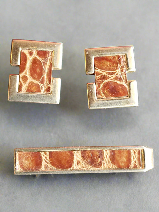 Shields Leather and Brass cuff link tie bar set
