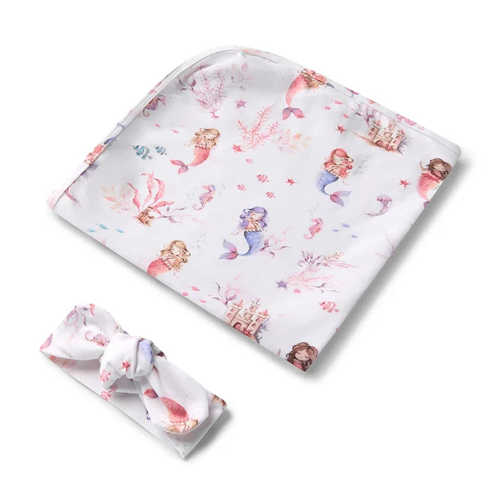 Snuggle Hunny Baby Jersey Wrap & Topknot Set - Mermaid