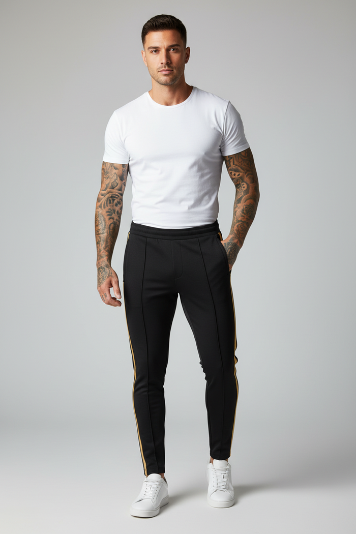 Striped Printed Slim Leg Black Denim Pants