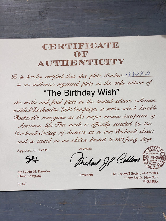 "The Birthday Wish" by Norman Rockwell collectible plate