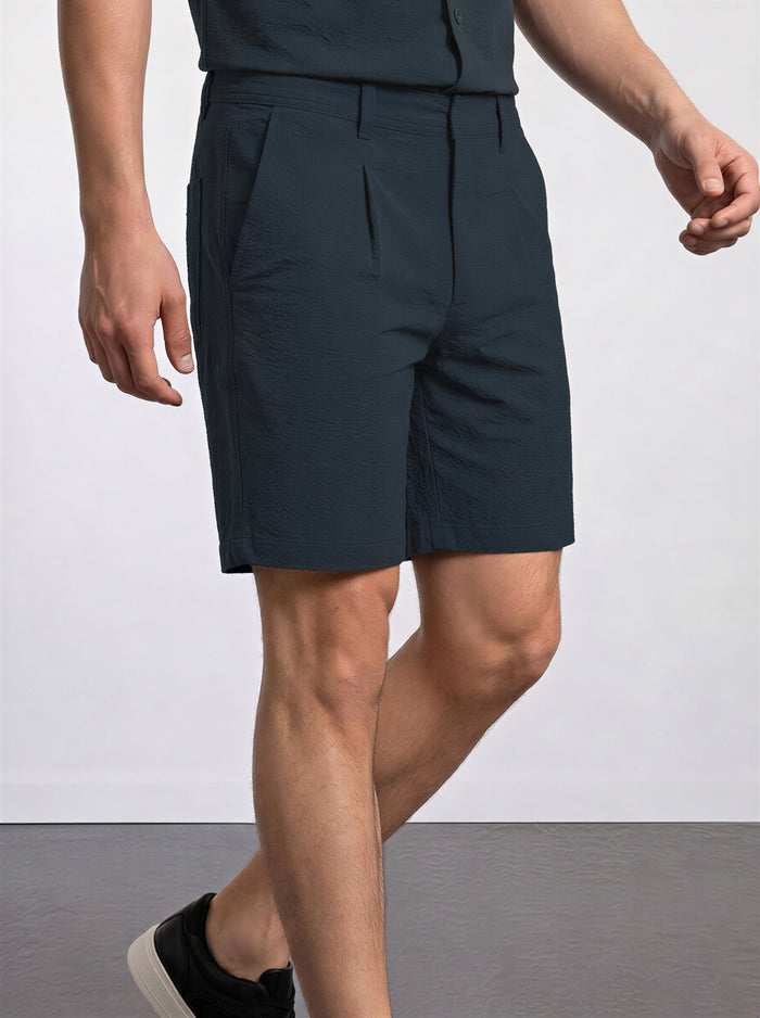 THE CITY PLEAT - TEXTURED SHORTS - NAVY BLUE