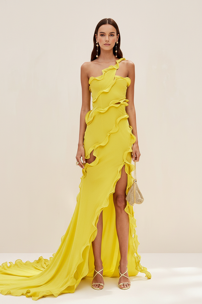 The Elegant One-Shoulder Polyester Slit Gown