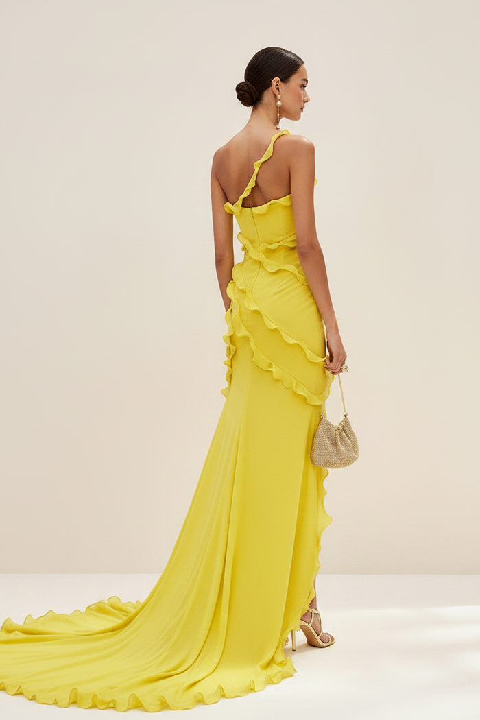 The Elegant One-Shoulder Polyester Slit Gown