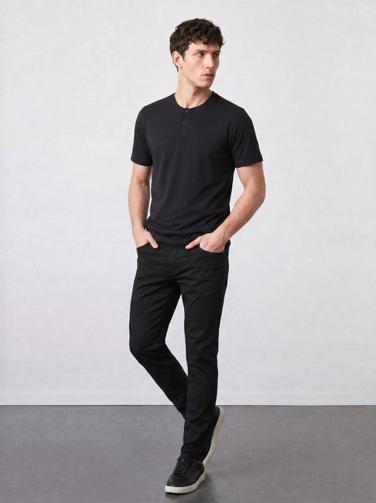 THE FLEX - HENLEY COLLAR HALF TEE - BLACK