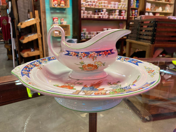 Vintage White floral Gravy Boat & Serving Bowl set