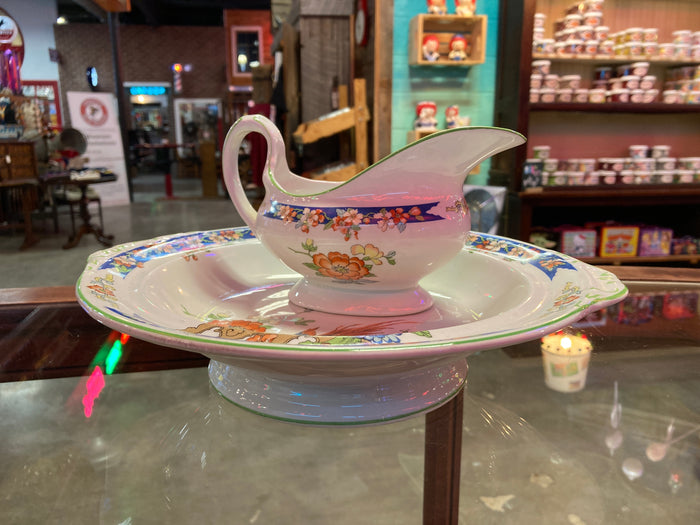 Vintage White floral Gravy Boat & Serving Bowl set