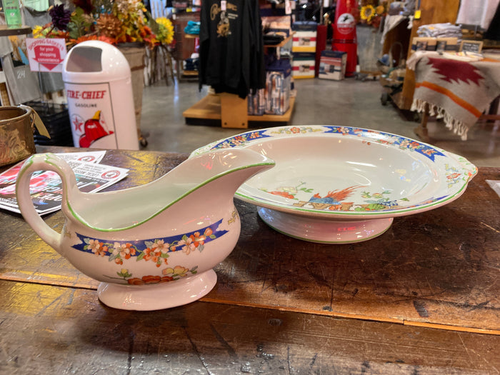 Vintage White floral Gravy Boat & Serving Bowl set