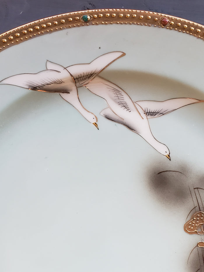 White Geese hand painted Nippon plate Golden jeweled rim